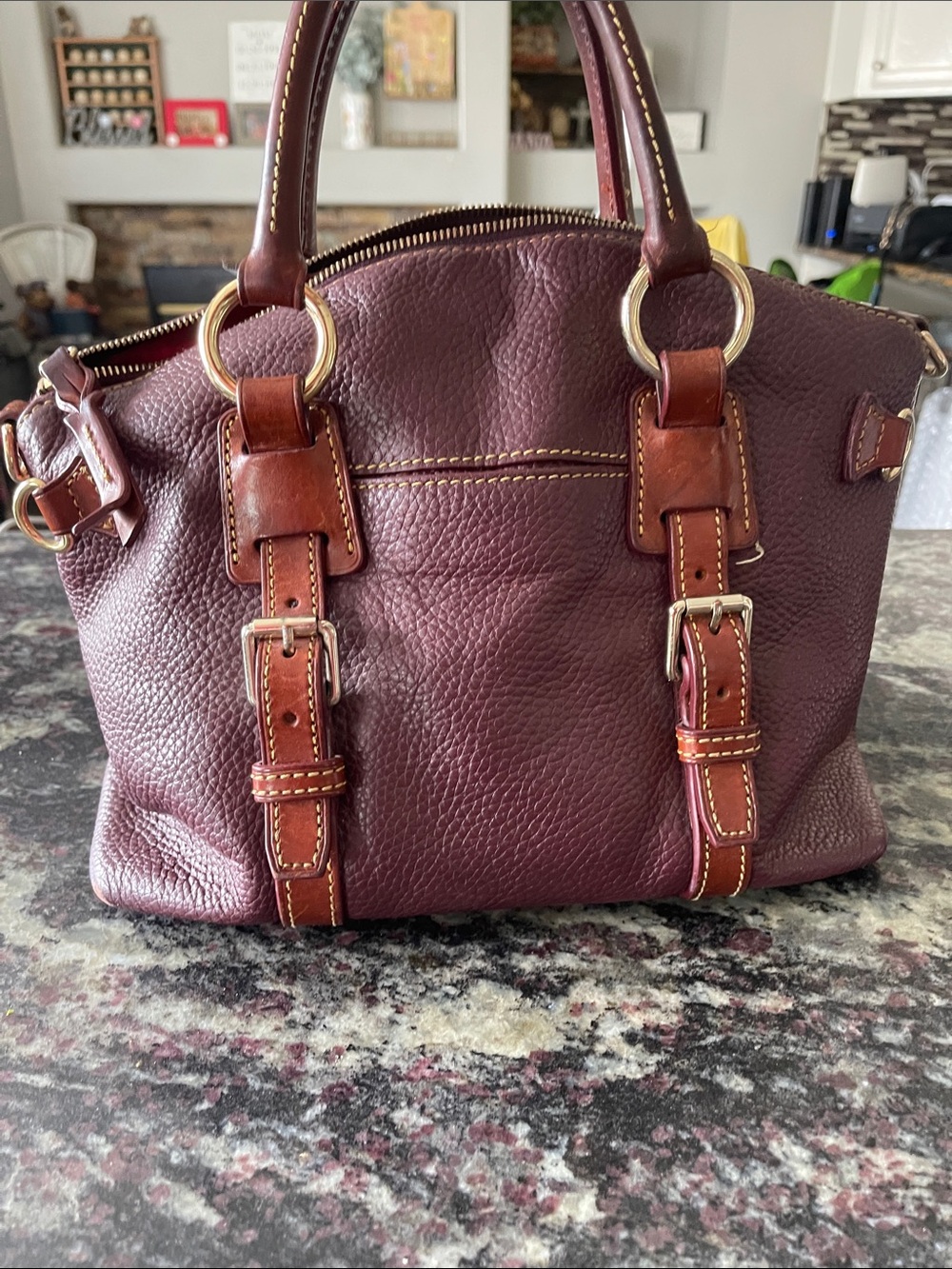 Dooney & Bourke Wine Pebbled Leather Satchel with Brown Trim - Picture 3 of 16